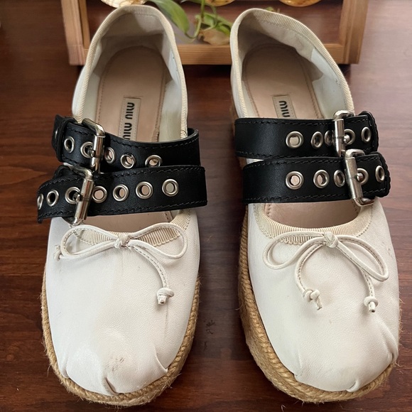 Miu Miu White and Black Espadrille Shoes with Edgy Design - Picture 1 of 6